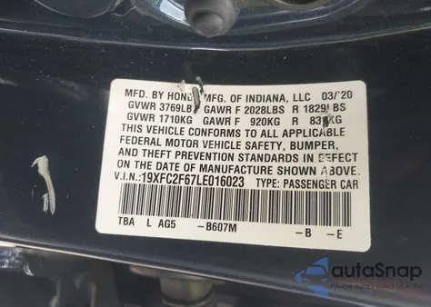 2020 Honda Civic Lx из США, поврежденный, VIN 19XFC2F67LE016023